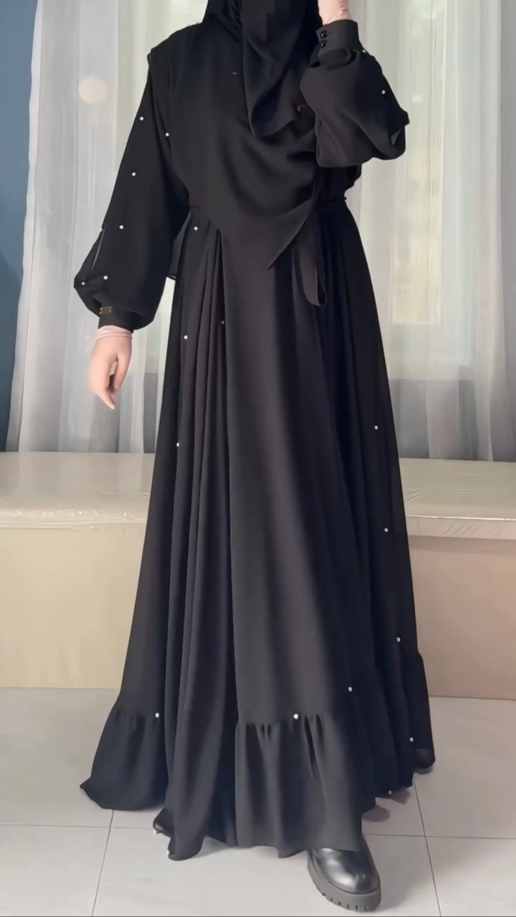Pearl-Embellished Flared Abaya