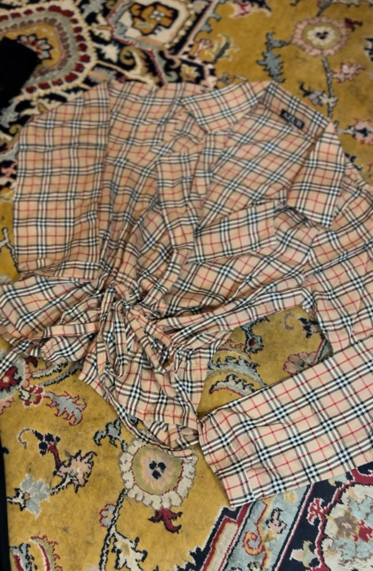 Button-Down Flowy Dress with Plaid Jacket – Double Georgette & Linen