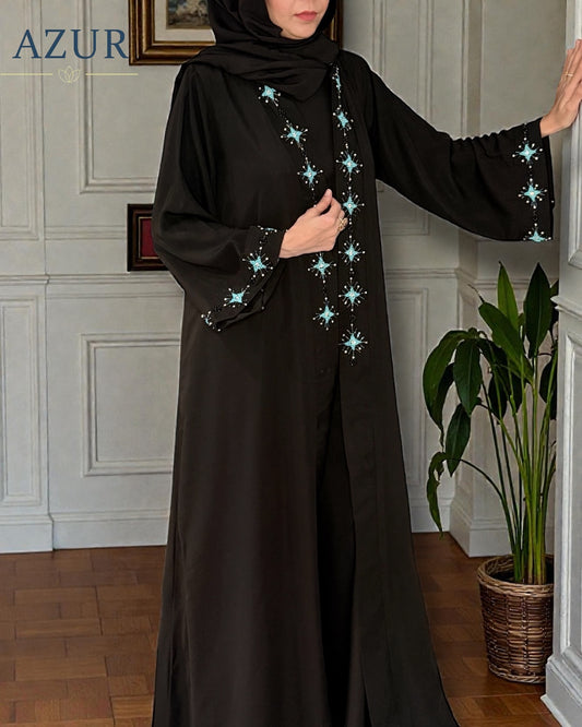 Black Double Georgette Abaya with Hand-Embellished Turquoise Detailing