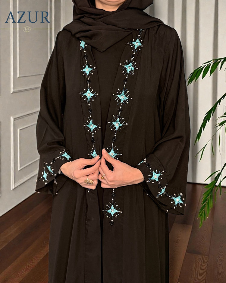 Black Double Georgette Abaya with Hand-Embellished Turquoise Detailing