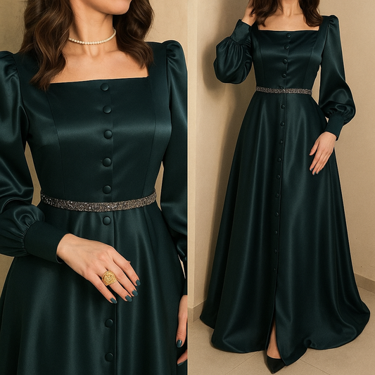 Elegant Full-Length Silk Gown with Button Detailing and Statement Belt