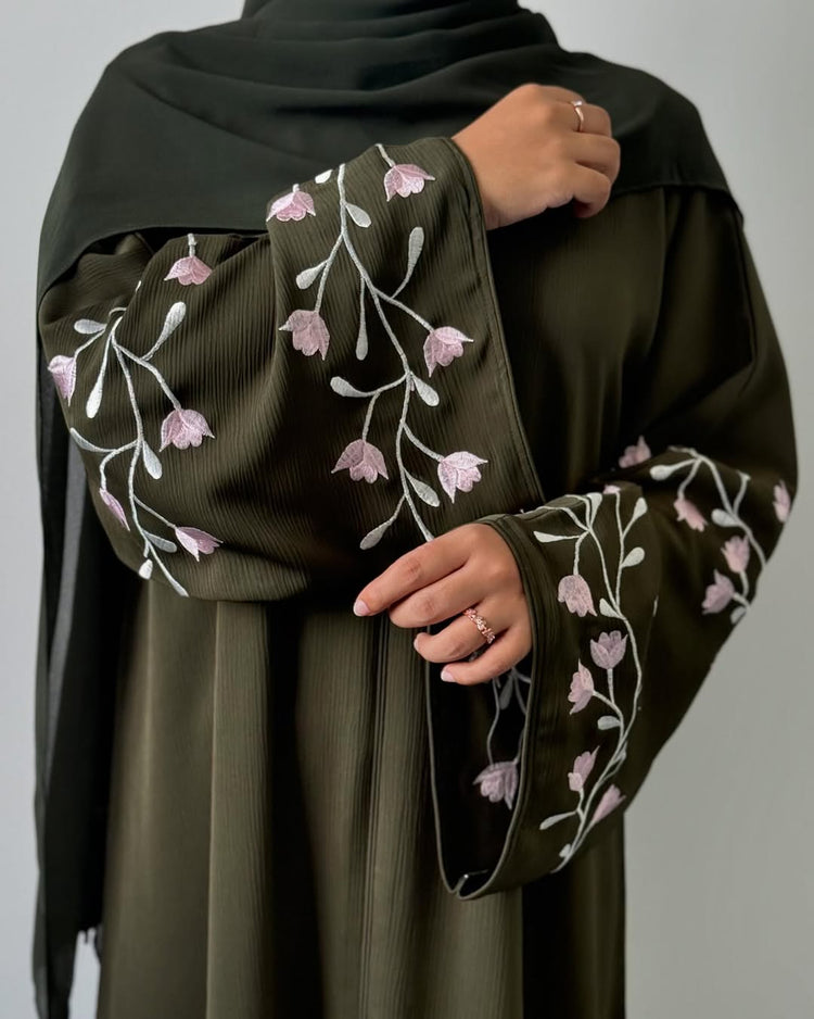 Floral Embroidered Crushed Silk Abaya