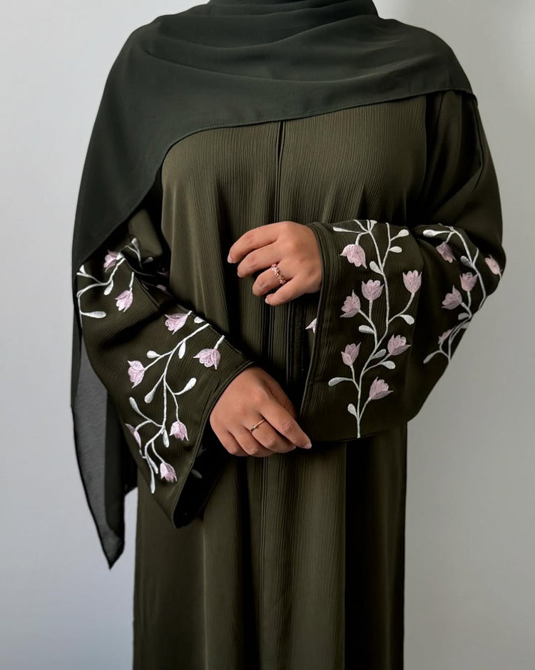 Floral Embroidered Crushed Silk Abaya