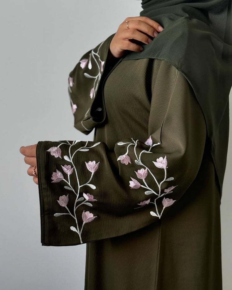 Floral Embroidered Crushed Silk Abaya