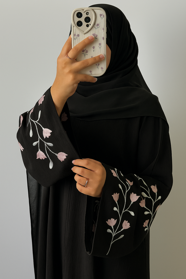 Floral Embroidered Crushed Silk Abaya