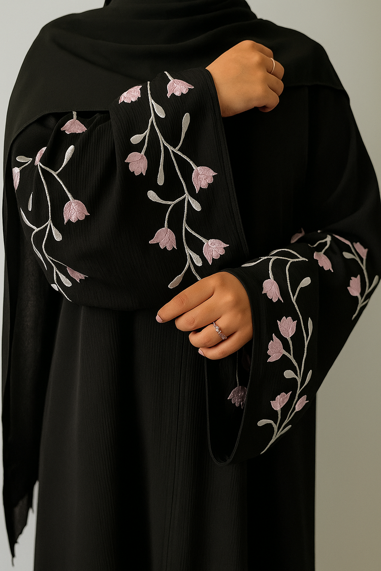 Floral Embroidered Crushed Silk Abaya
