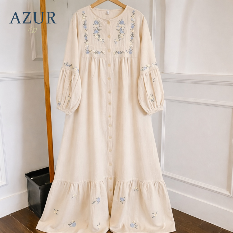 Meadow Bloom Embroidered Button-Down Dress
