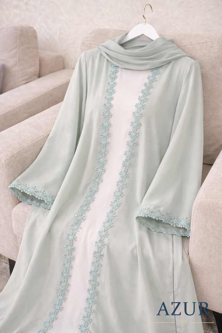 Lace-Trim Double Georgette Open Abaya Set (Inner + Gown)