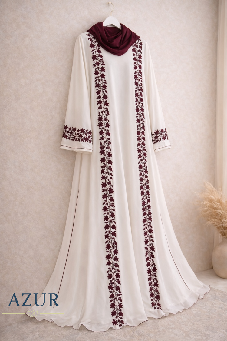 Ivory & Maroon Panel Embroidered Abaya