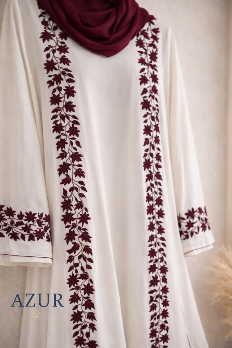 Ivory & Maroon Panel Embroidered Abaya