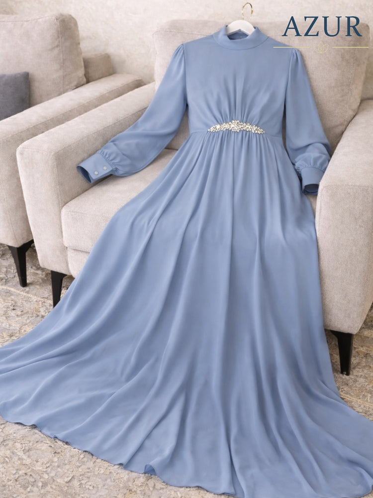 Elegant Double Georgette Maxi Gown with Embellished Waist Detail