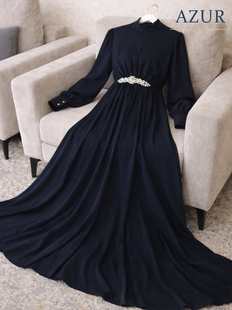 Elegant Double Georgette Maxi Gown with Embellished Waist Detail