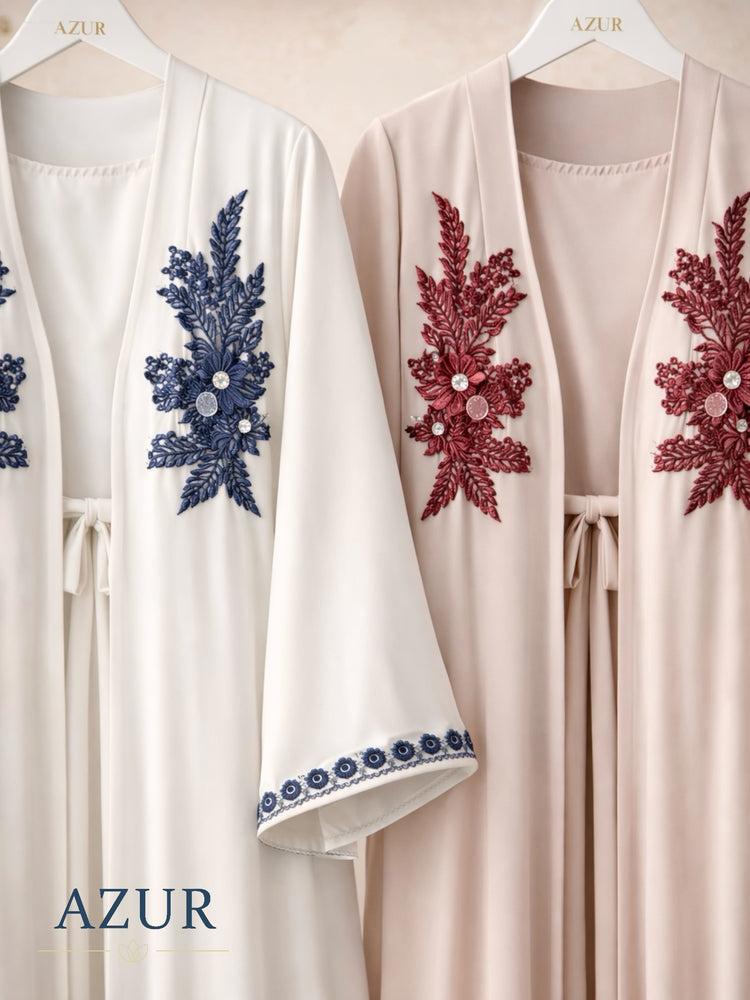 Elegant Lace & Motif Open Abaya Set