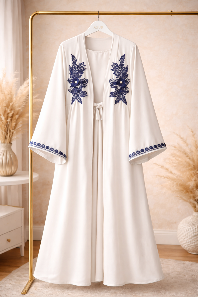 Elegant Lace & Motif Open Abaya Set
