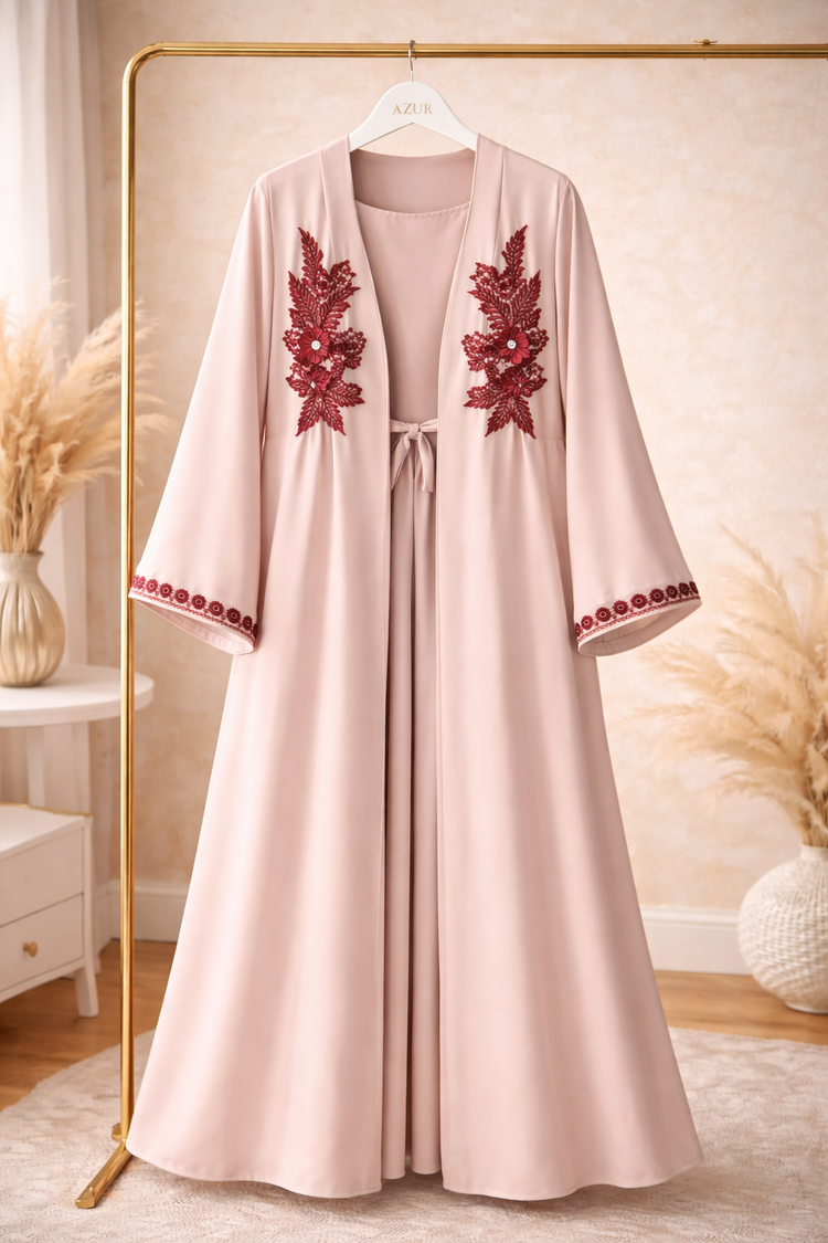 Elegant Lace & Motif Open Abaya Set