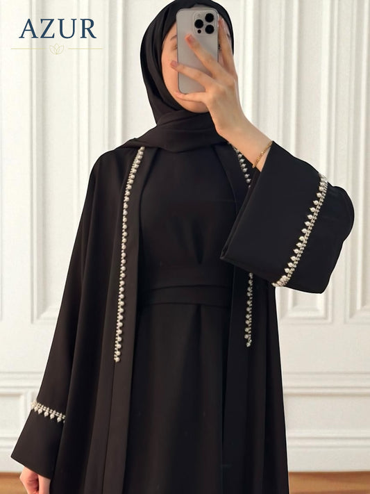 Black Double Georgette Abaya with Pearl Trim Detailing