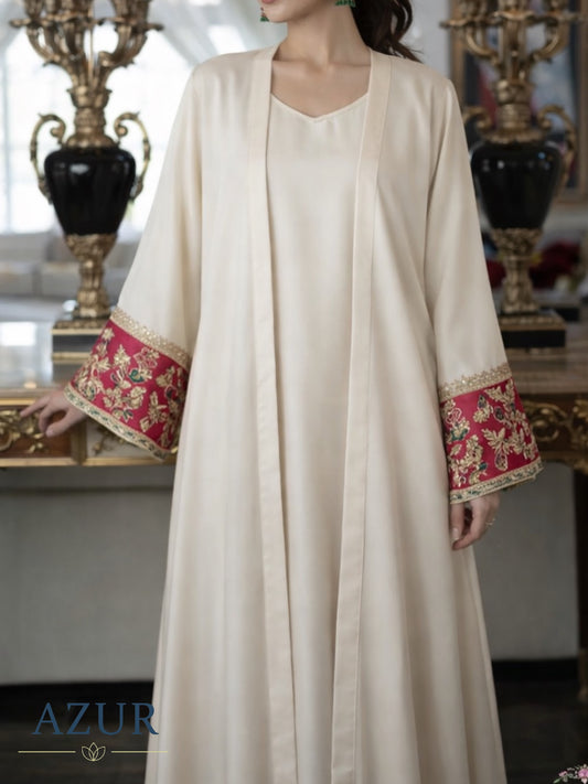 Ivory Silk Inner & Gown Set with Ruby Embroidered Sleeves