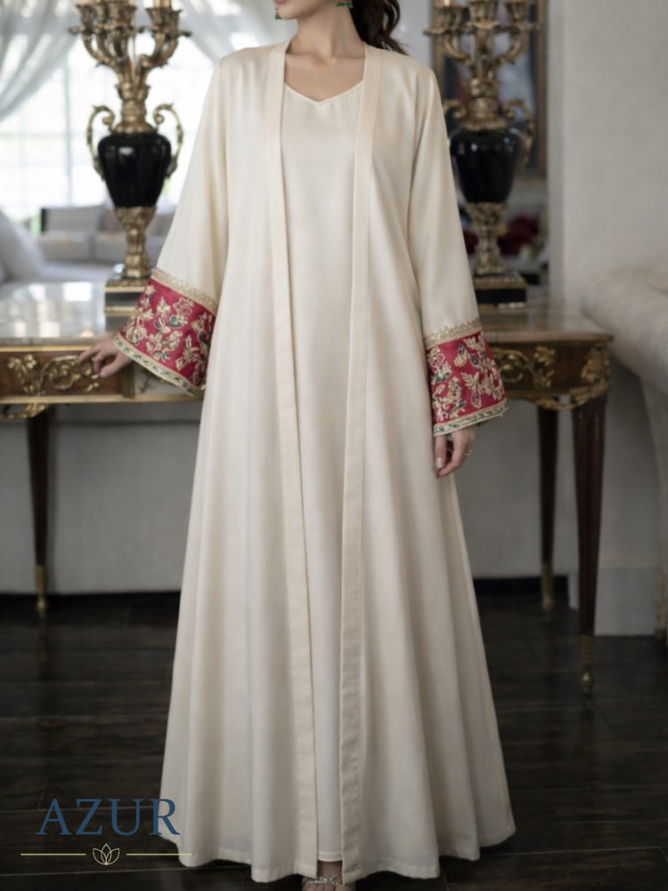 Ivory Silk Inner & Gown Set with Ruby Embroidered Sleeves