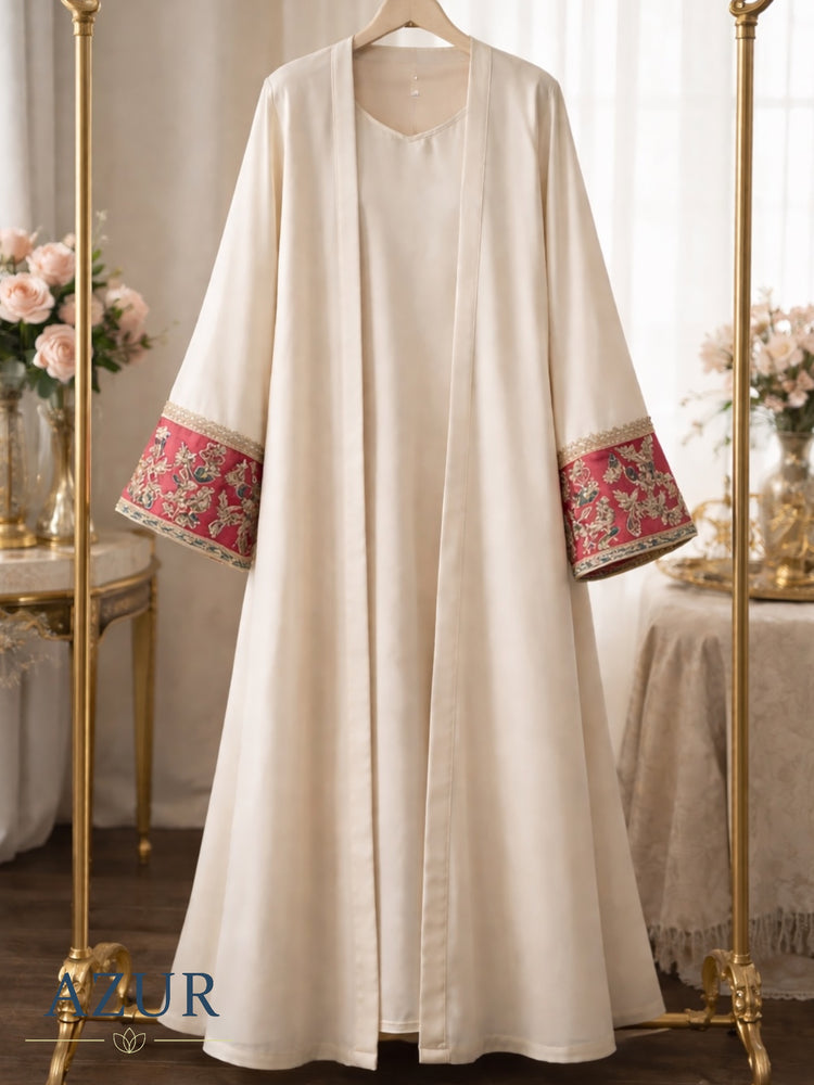 Ivory Silk Inner & Gown Set with Ruby Embroidered Sleeves