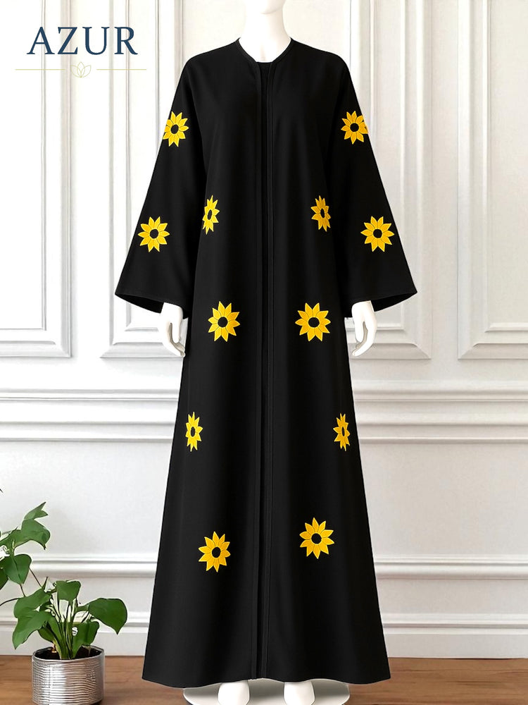 Black Double Georgette Abaya with Sunflower Embroidery