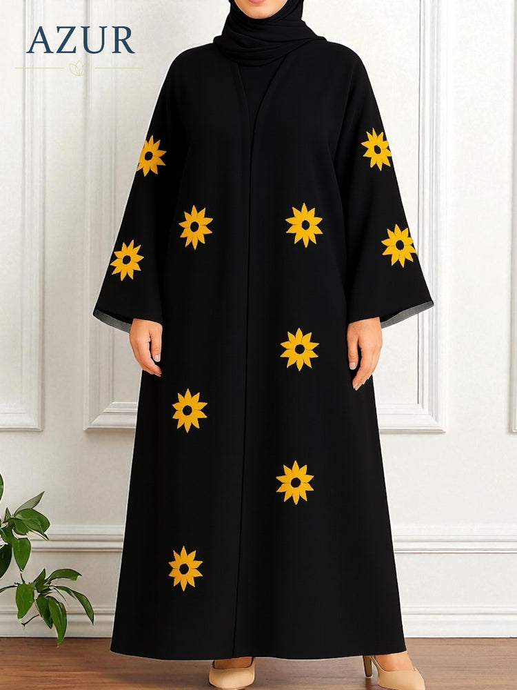Black Double Georgette Abaya with Sunflower Embroidery