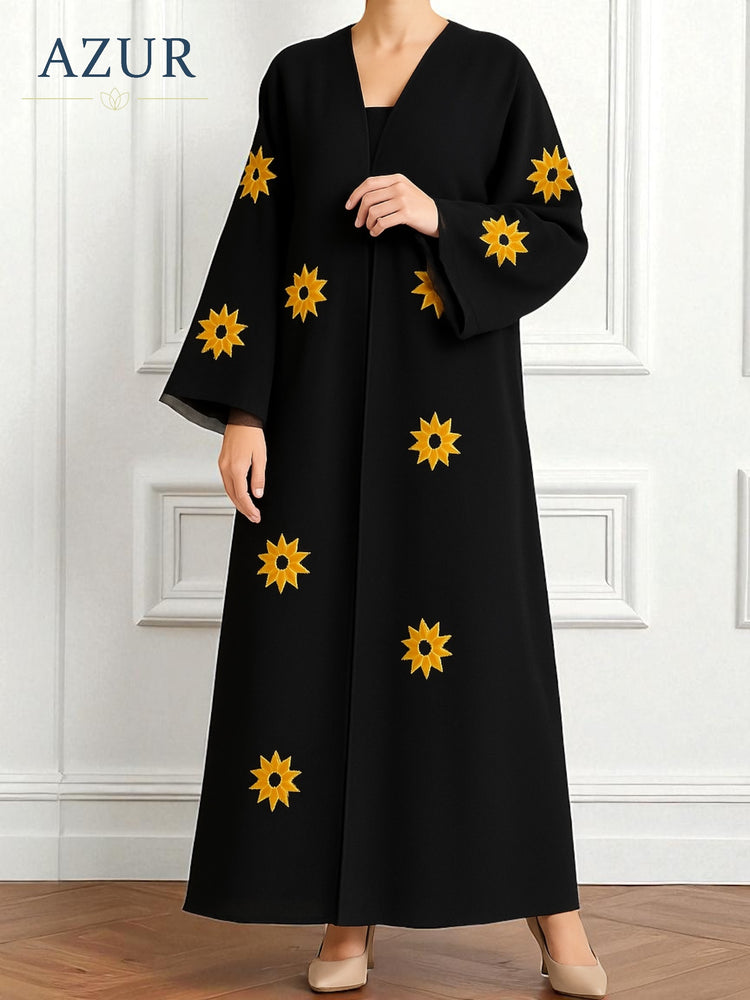 Black Double Georgette Abaya with Sunflower Embroidery