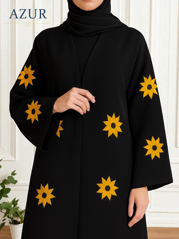 Black Double Georgette Abaya with Sunflower Embroidery