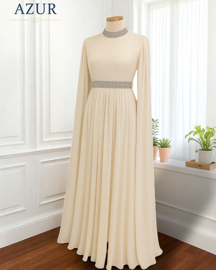 Modest Off-White Pleated Evening Gown in Double Georgette