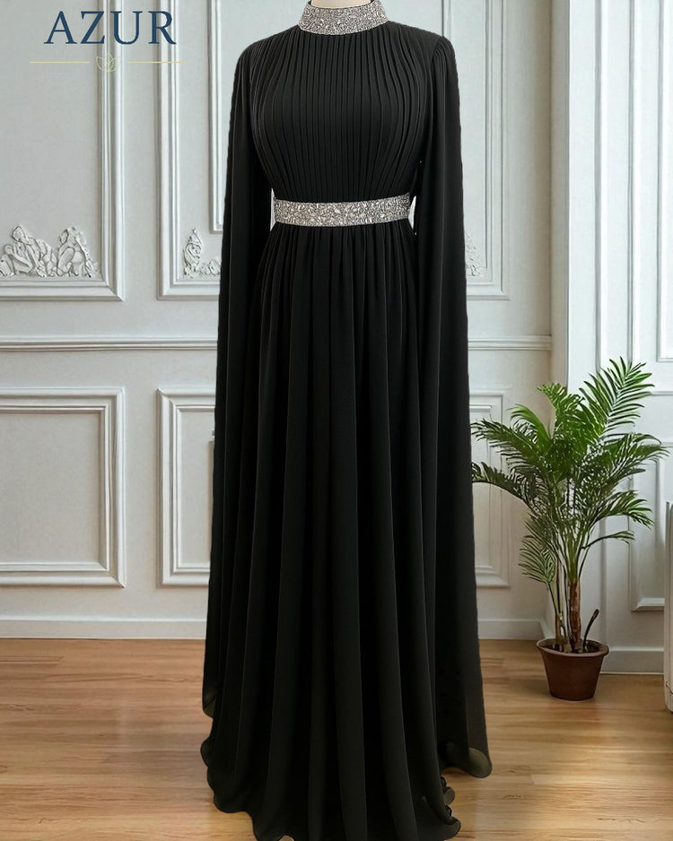 Modest Off-White Pleated Evening Gown in Double Georgette