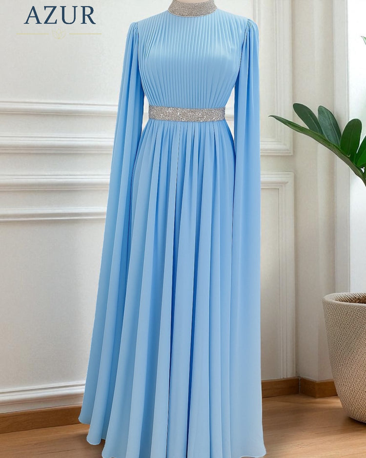 Modest Off-White Pleated Evening Gown in Double Georgette