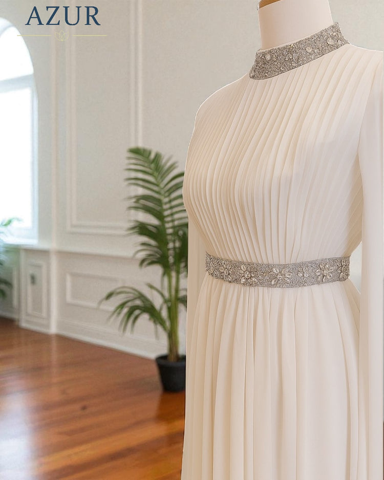 Modest Off-White Pleated Evening Gown in Double Georgette