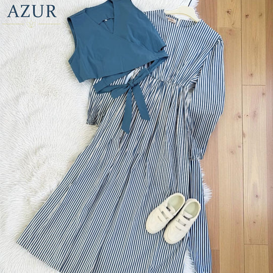 Striped Cotton Dress with Teal Wrap Vest – Two-Piece Modest Wear Set