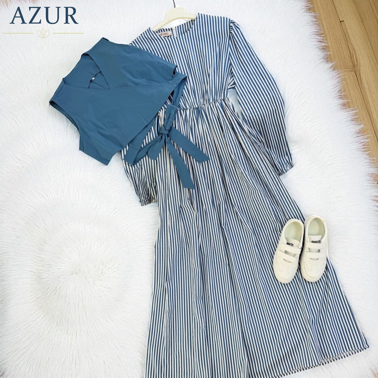 Striped Cotton Dress with Teal Wrap Vest – Two-Piece Modest Wear Set