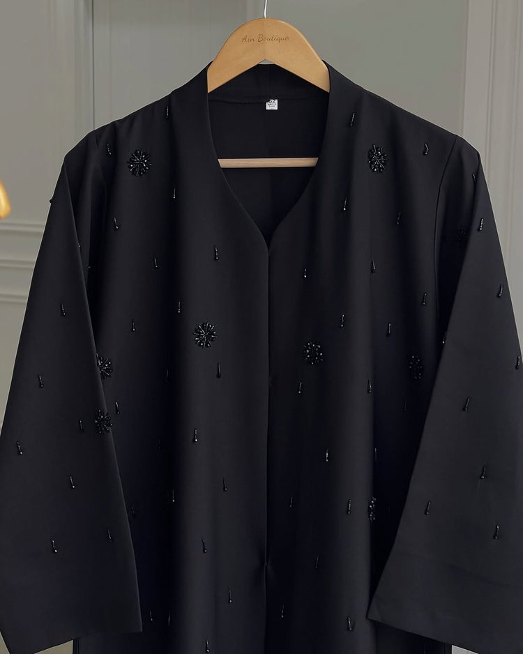 Noir Dewdrop – Hand-Embellished Double Georgette Abaya