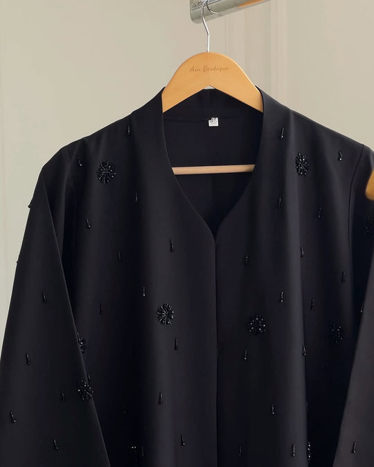 Noir Dewdrop – Hand-Embellished Double Georgette Abaya