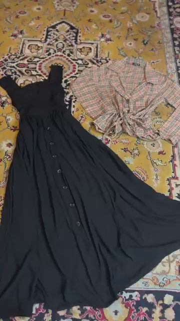 Button-Down Flowy Dress with Plaid Jacket – Double Georgette & Linen