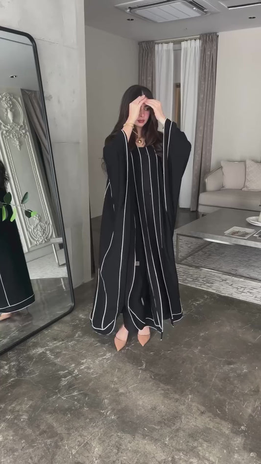 Elegant Striped Abaya Set with Piping Details