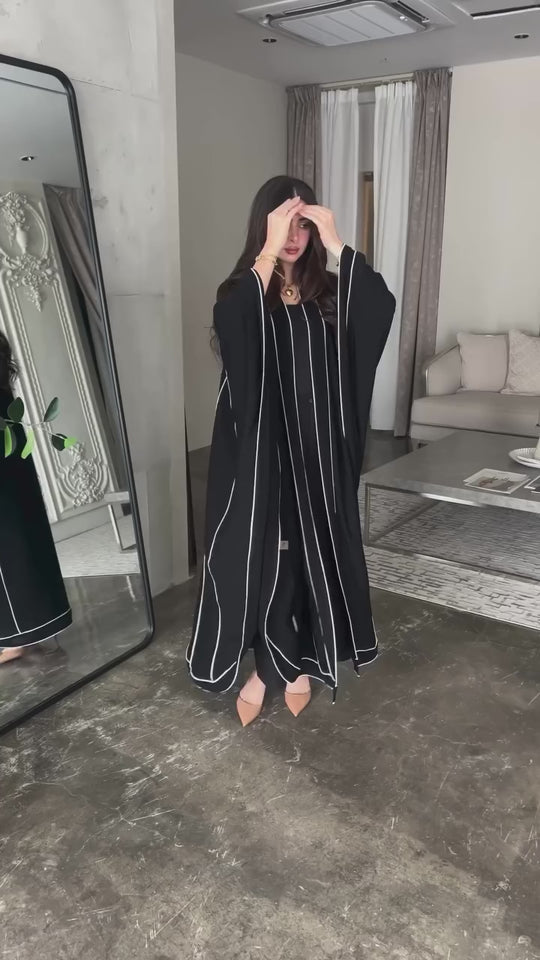 Elegant Striped Abaya Set with Piping Details