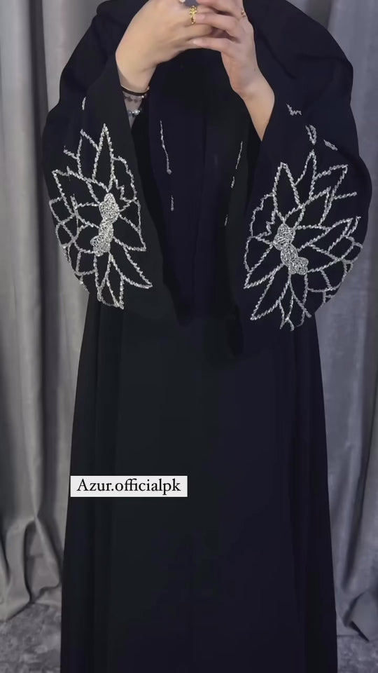 Elegant Black Abaya with Statement Sleeve Embellishments